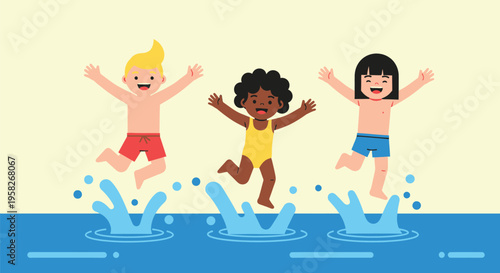 Vector illustration of three kids jumping into water