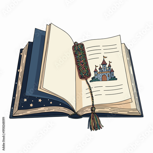 An open children's hardcover fairy tale book with a colorful woven tassel bookmark between the pages. Isolated on a white background. 
