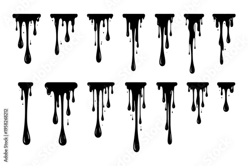 Black dripping paint streaks set on white background.