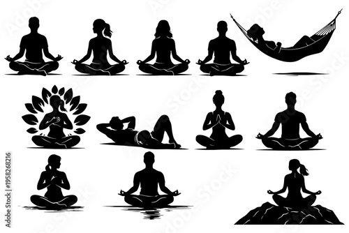 Silhouette collection of people meditating and relaxing in various poses.