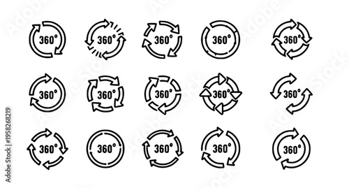 360 degrees vector icon set with circular rotation arrows and round direction symbols isolated on white background