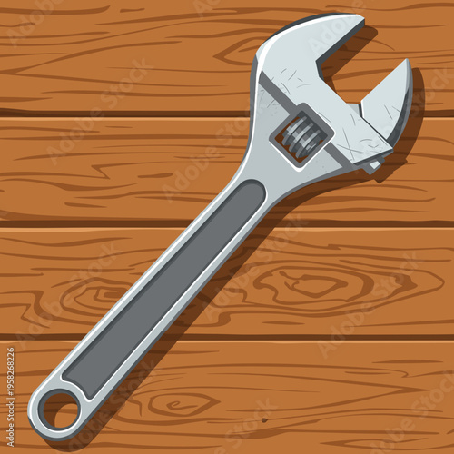 A heavy adjustable wrench rests on a rough, textured, wood-grained surface that resembles a workbench. The wrench has a slightly worn appearance.
