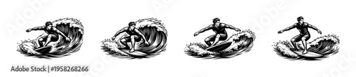 Surfer riding waves black and white silhouette illustration set
