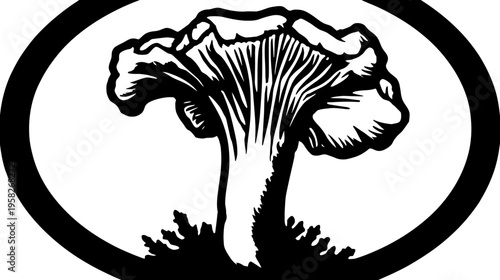 A monochrome illustration of a mushroom with a wide cap, surrounded by a black oval frame