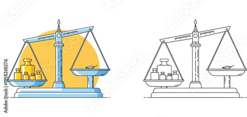 Balance scale with weights measuring a leaf vector illustration and coloring page version