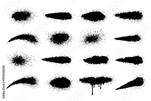 Black grunge spray paint texture set with various splatter stains and drips.