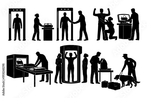 Security screening process in airport with metal detectors and baggage check.