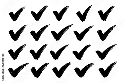 Set of 20 black brushstroke check marks on white background.