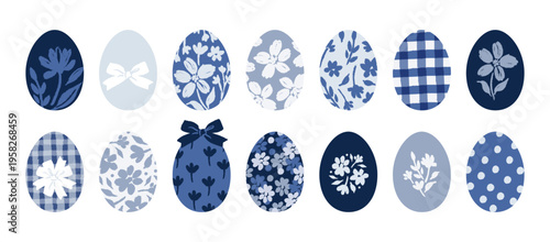Happy Easter eggs with beautiful blue floral pattern. Easter eggs decorated with cute hand drawn flowers, checkered pattern and bows. Vector illustration