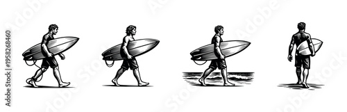 Surfer silhouette vector illustration of man with surfboard in black and white style