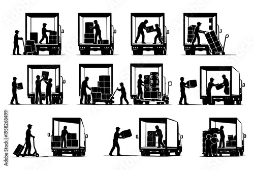 Silhouette of people loading and unloading delivery trucks.