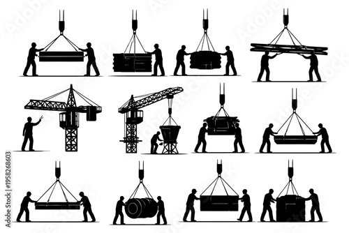Silhouettes of construction workers using cranes and rigging equipment at work.