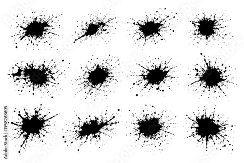 Set of abstract black ink splatters on white background.