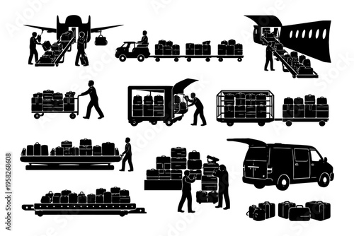 Silhouette illustrations of luggage handling and transportation scenes.
