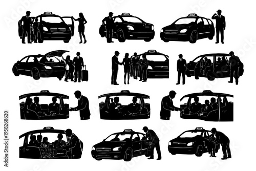 Silhouette illustrations of taxi interactions and passenger scenes.