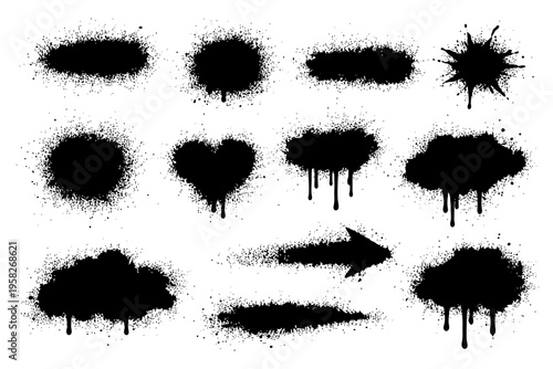 Set of black grunge spray paint splatters and dripping shapes on white background.