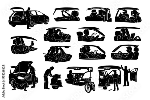 Silhouette scenes of automotive activities: driving, fixing, loading, and traveling situations.