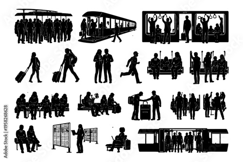 Silhouettes of diverse people in subway with luggage and activities.