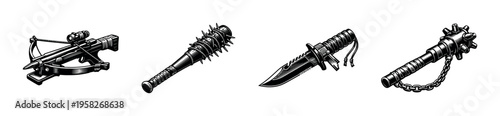 Vector illustration of medieval weapons including crossbow sword and spiked bat in black and white silhouette