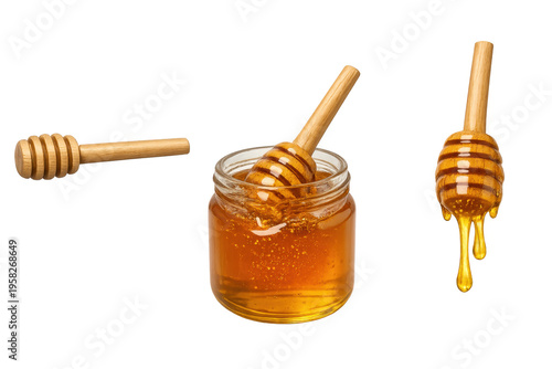 Golden honey dripping from wooden dipper into glass jar