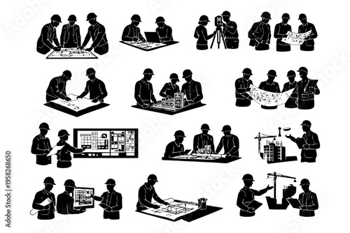 Silhouette illustrations of architects and engineers in various professional activities.