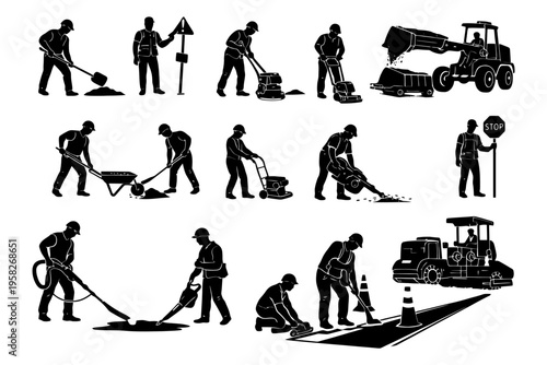 Silhouettes of diverse workers operating heavy machinery and tools.