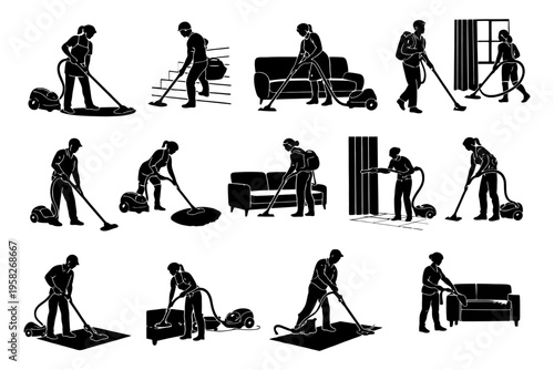 Silhouette illustrations of diverse people vacuuming in various home settings.