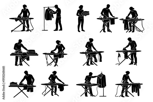 Silhouette of people ironing and hanging clothes.