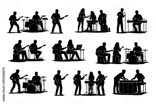 Silhouette of diverse musicians performing with instruments on stage.