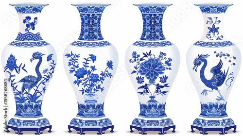 Four tall porcelain vases adorned with blue floral and avian motifs on white grounds