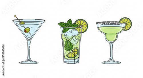 Three cocktails with lime and lemon slices on a white background martini mojito and margarita