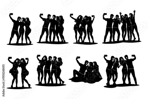 Group of diverse individuals taking selfies in various poses.