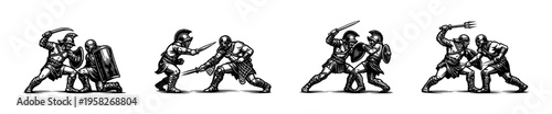 Silhouette of ancient gladiators engaged in combat black and white vector illustration