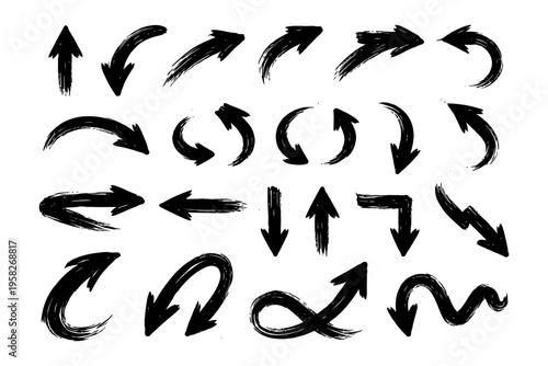 Vector set of grunge brushstroke arrows in various directions and styles.