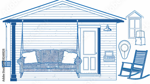 A rustic porch with a swing, rocking chair, and various furniture in blue outline