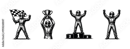 Racing champions in vector style, motocross riders on podium, trophy and checkered flag silhouette illustration