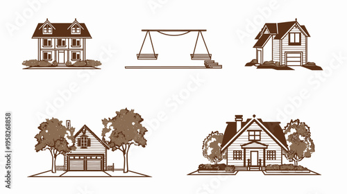 Five architectural house icons with different styles, colorized in brown hues