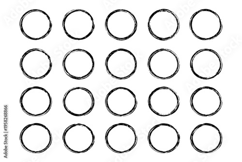Hand-drawn circular pattern with repetitive black rings on white background.
