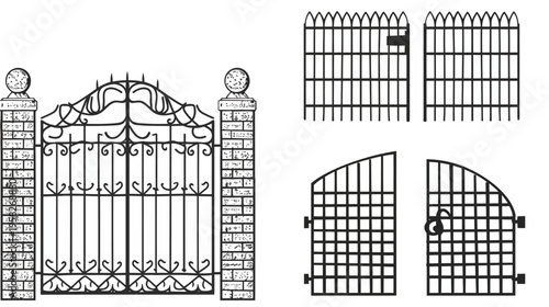 Stylized black and white images of four different iron gates set on a white backdrop
