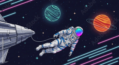 Astronaut floating in space with planets and spaceship neon lights stars background futuristic scene