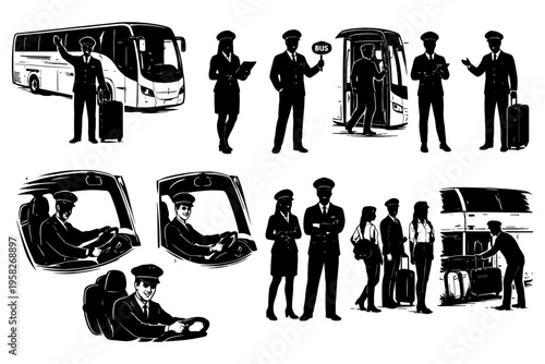Bus drivers and passengers interaction - male and female - uniformed professionals.
