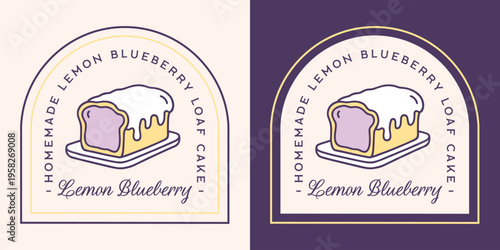 Lemon blueberry loaf cake flavor logo label sticker tag homemade bread packaging design retro vintage aesthetic. White glaze cream cheese with frosting icing baked berry dessert purple drawing print.
