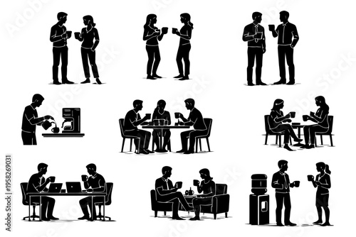 Office interactions with diverse colleagues sharing coffee and conversations.