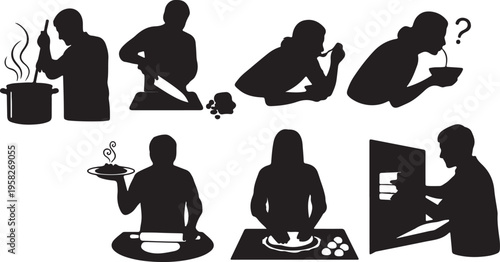 People cooking and eating kitchen silhouettes collection isolated on white background
