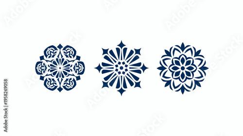 Three stylized, indigo floral mandala shapes adorn a white background in a row