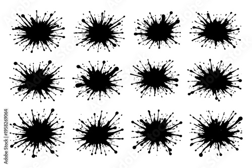 Twelve abstract black ink splatters on white background.