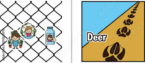 Vector illustration featuring a chain-link fence with cartoon girls and a water bottle on the left, and a perspective trail of deer hoof prints on a sandy slope labeled "Deer" on the right.