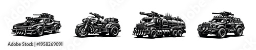 Black and white silhouette of armored vehicles and motorbike vector illustration