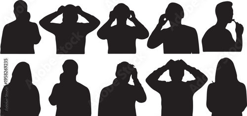 Collection of people silhouettes performing daily routines and personal care actions
