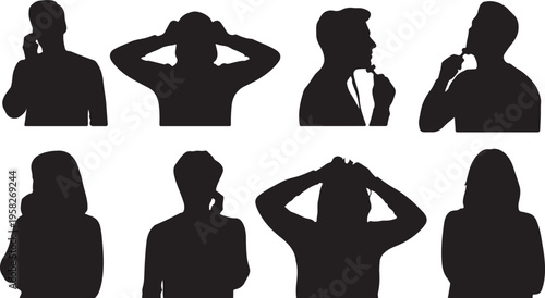 Collection of people silhouettes performing daily routines and personal care actions
